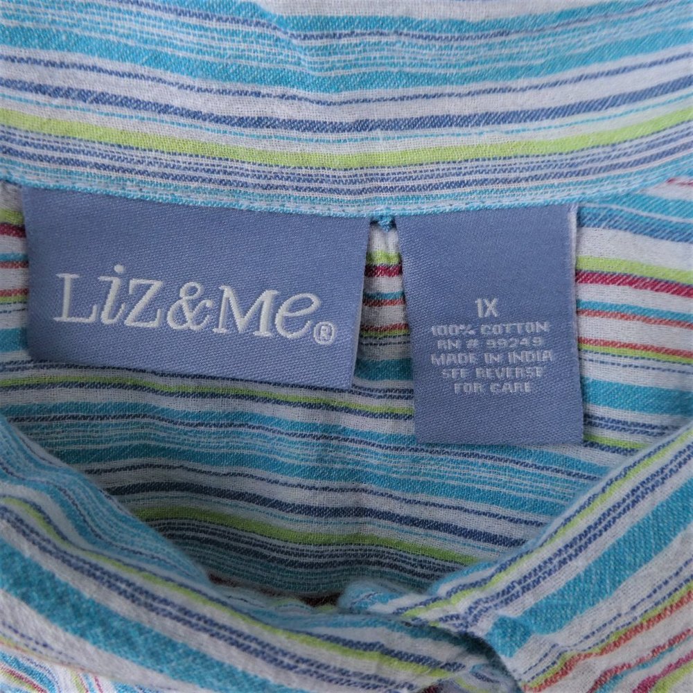 Liz & Me Liz Claiborne Shirt Gauze Rainbow Stripes Floral Embroidery 1X Plus - Picture 9 of 10